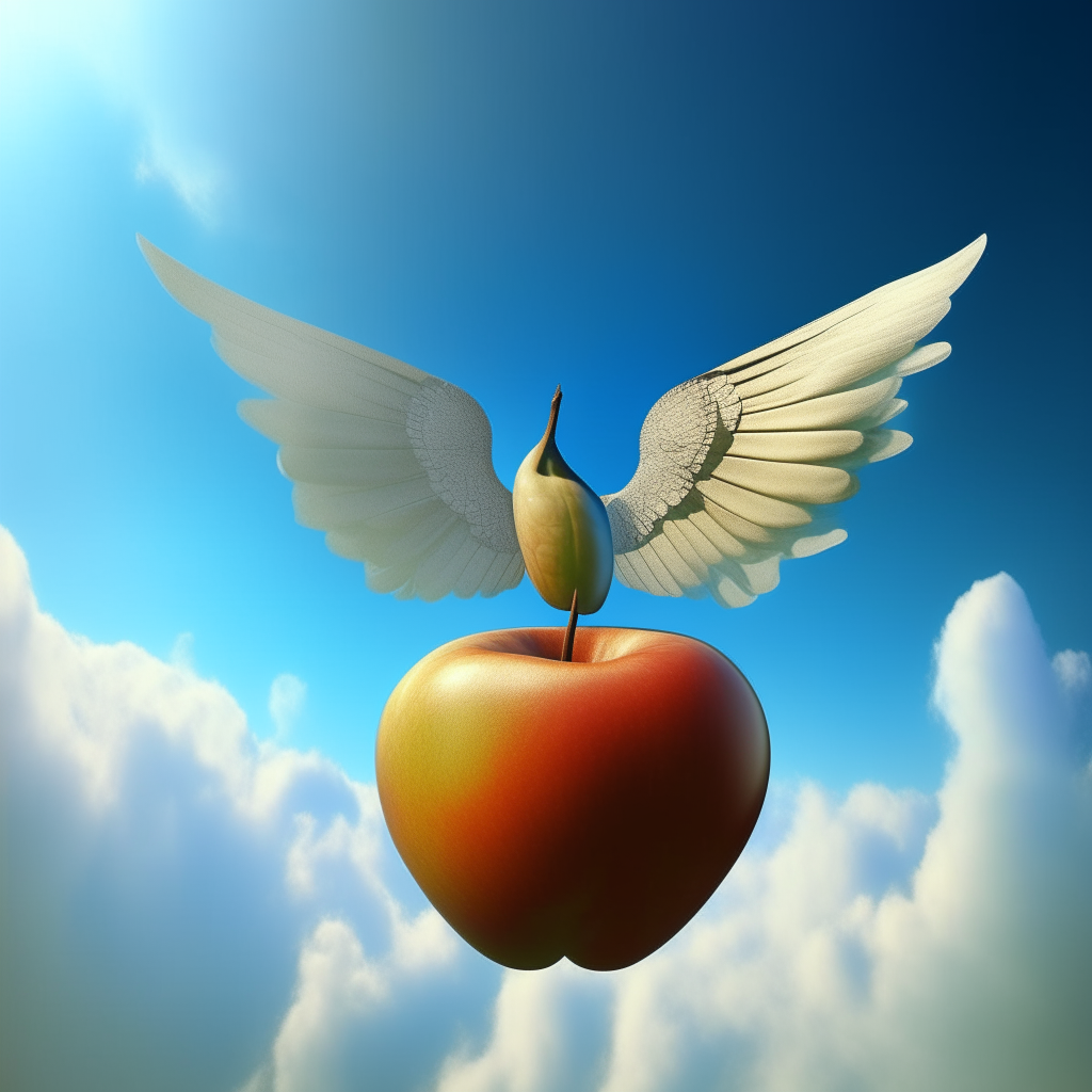 a surreal apple with wings flying through a blue sky