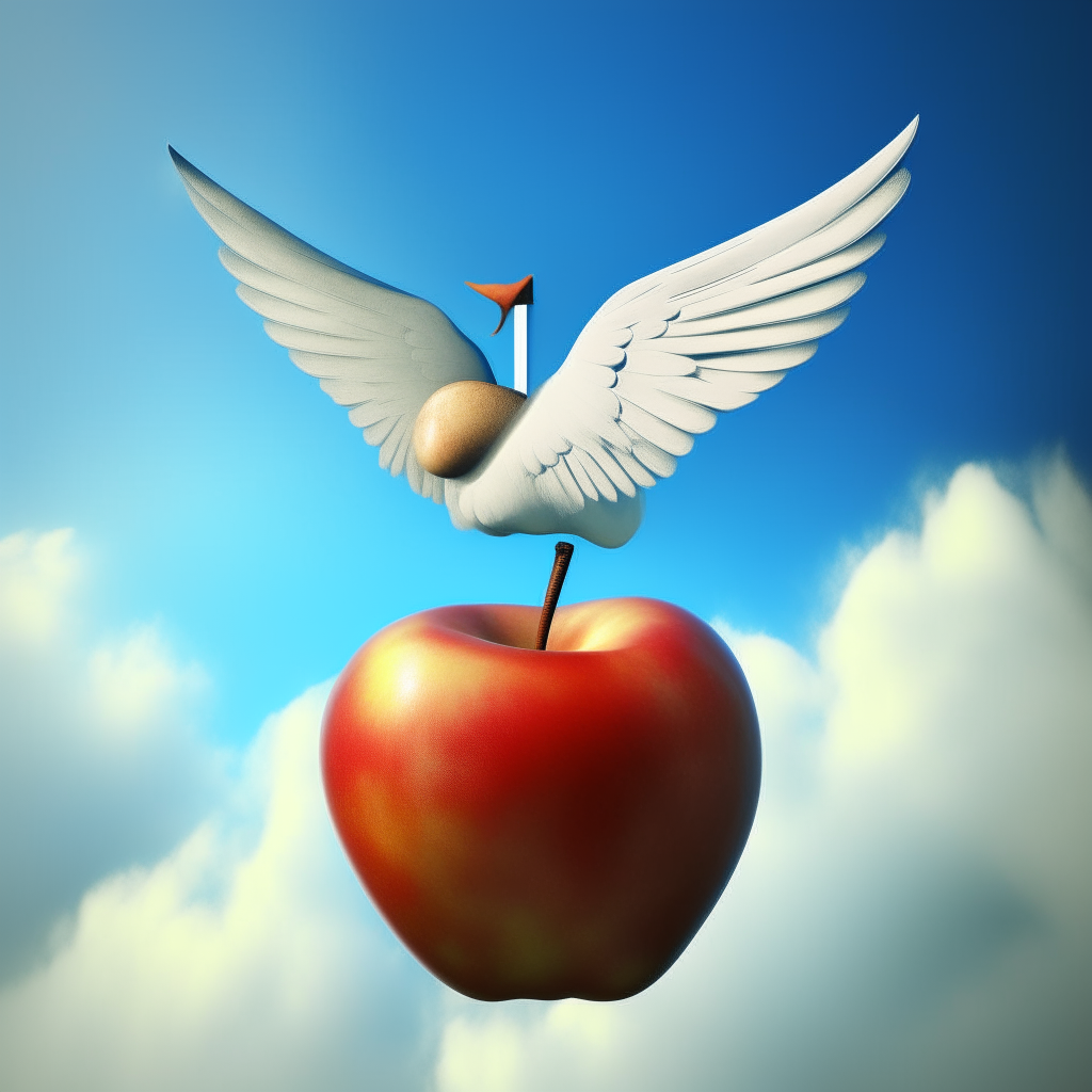 A surreal apple with wings flying through a blue sky with the words A for Apple written behind it