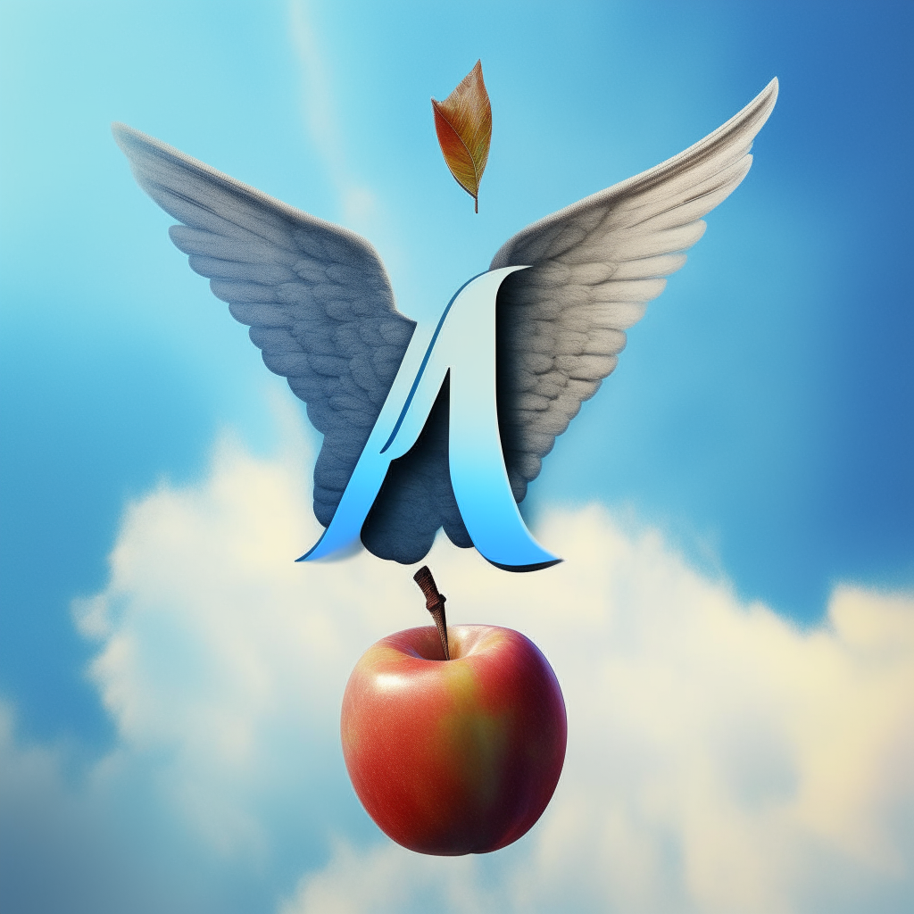 A surreal apple with wings flying through a blue sky with the words A for Apple written vertically along the side