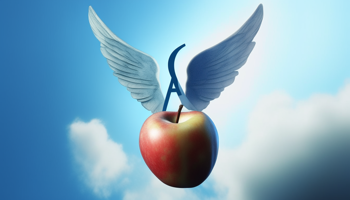 A surreal apple with wings flying through a blue sky with the words A for Apple written behind it in 16:9 aspect ratio