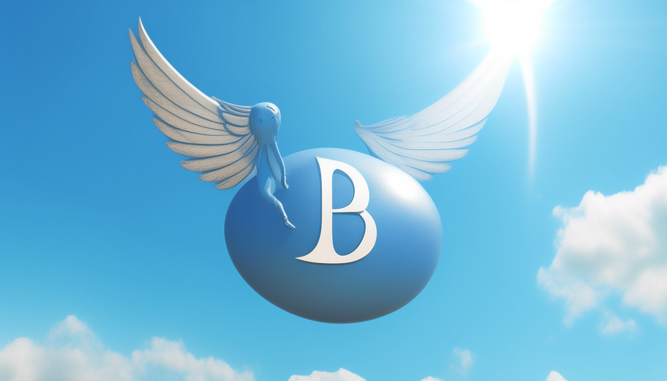 A surreal ball with wings flying through a blue sky with the words B for Ball written behind it in 16:9 aspect ratio