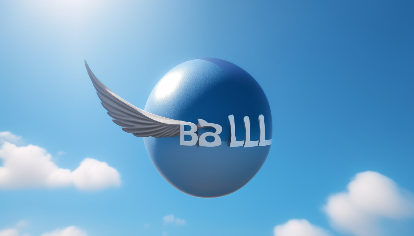 A surreal ball with wings flying through a blue sky with the word Ball written behind it in 16:9 aspect ratio