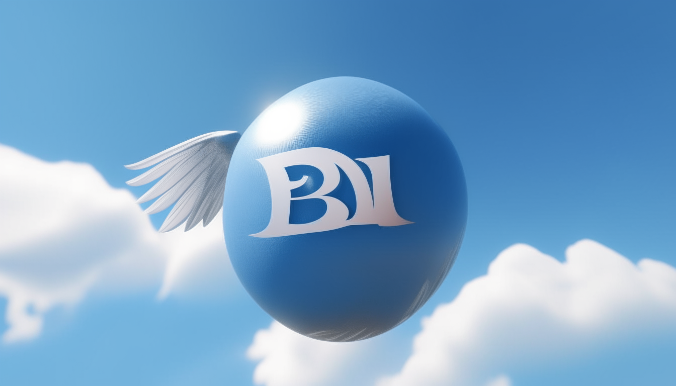 A surreal ball with wings flying through a blue sky with the word Ball written behind it in 16:9 aspect ratio