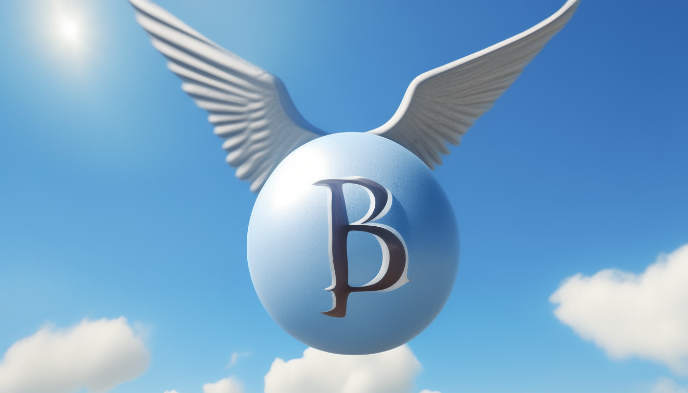 A surreal ball with wings flying through a blue sky, the word BALL in capital letters written behind it in 16:9 aspect ratio