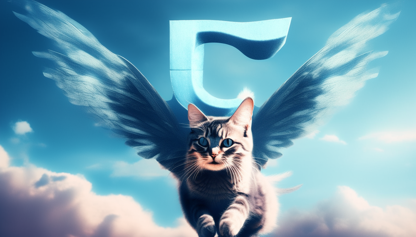 A surreal cat with wings flying through a blue sky, the letter C in capital letters written behind it in 16:9 aspect ratio