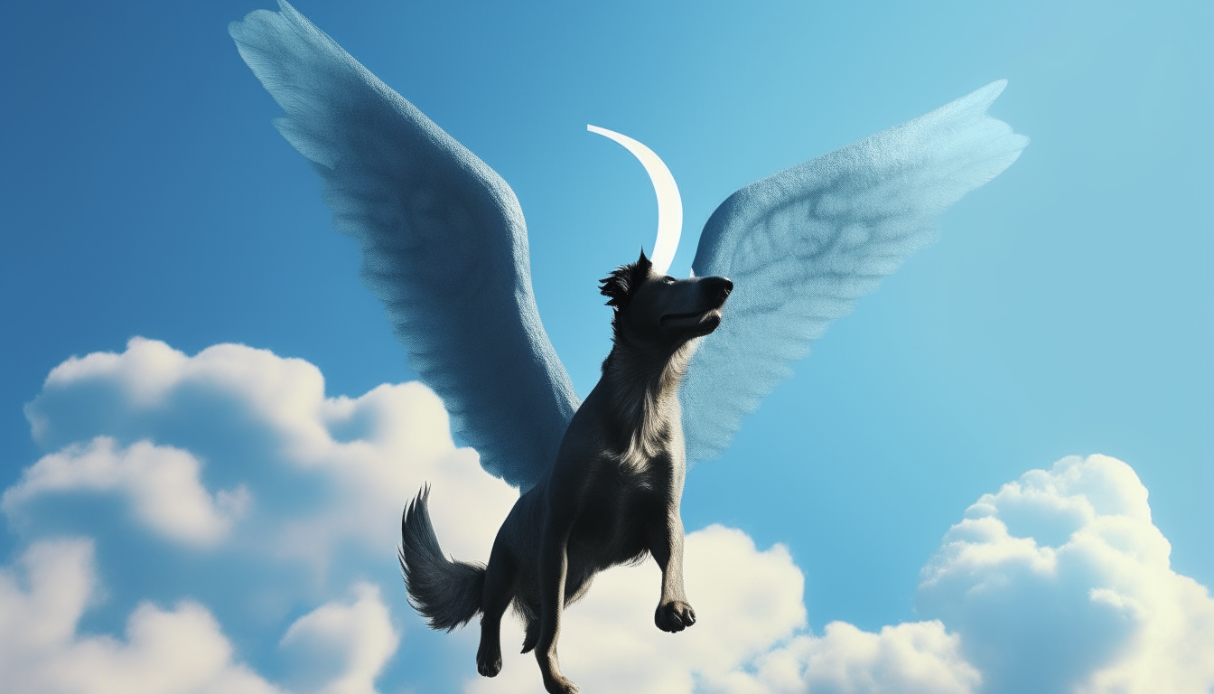 A surreal dog with wings flying through a blue sky, the letter D in capital letters written behind it in 16:9 aspect ratio