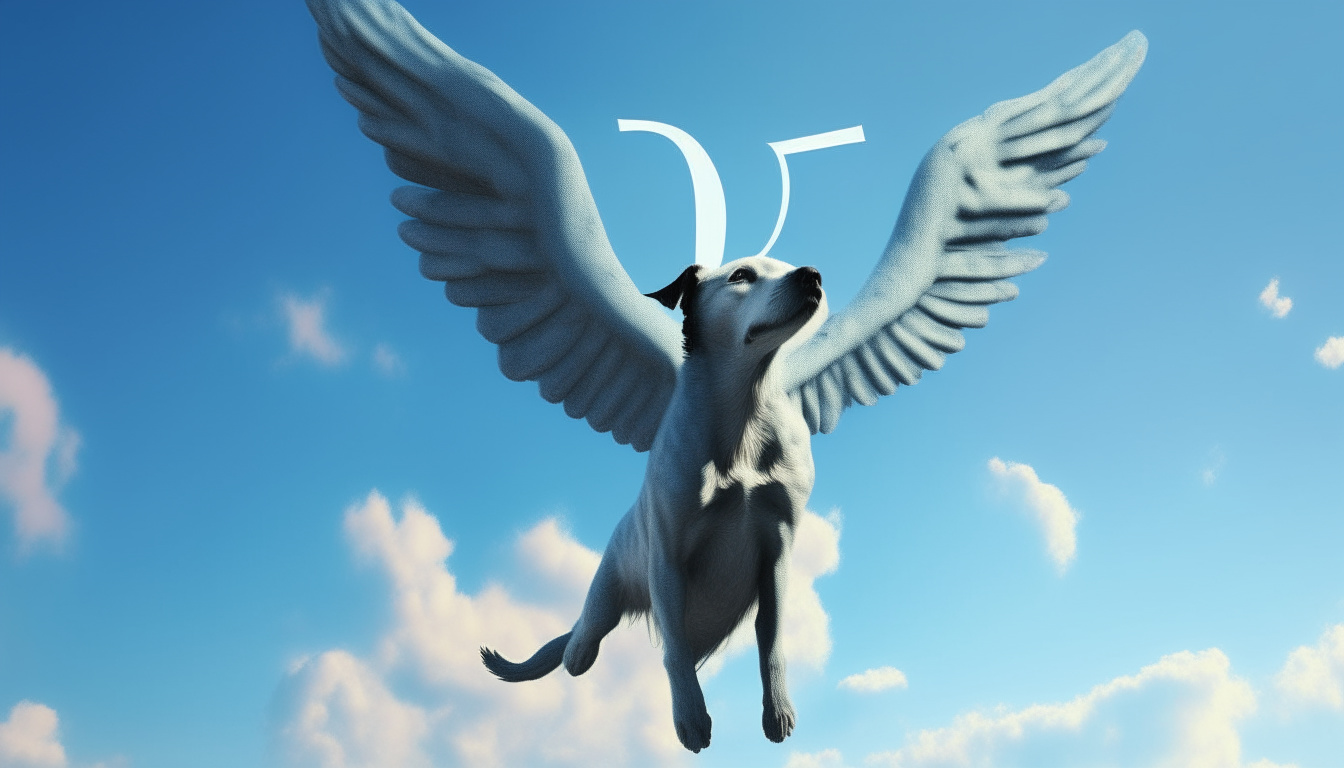 A surreal dog with wings flying through a blue sky, the letter D in capital letters written behind it in 16:9 aspect ratio