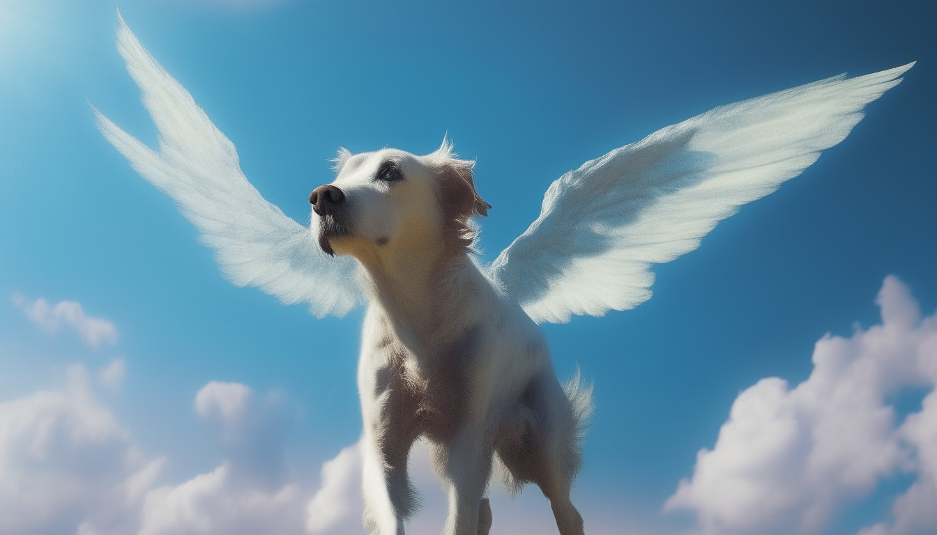 A surreal dog with wings flying through a blue sky in 16:9 aspect ratio