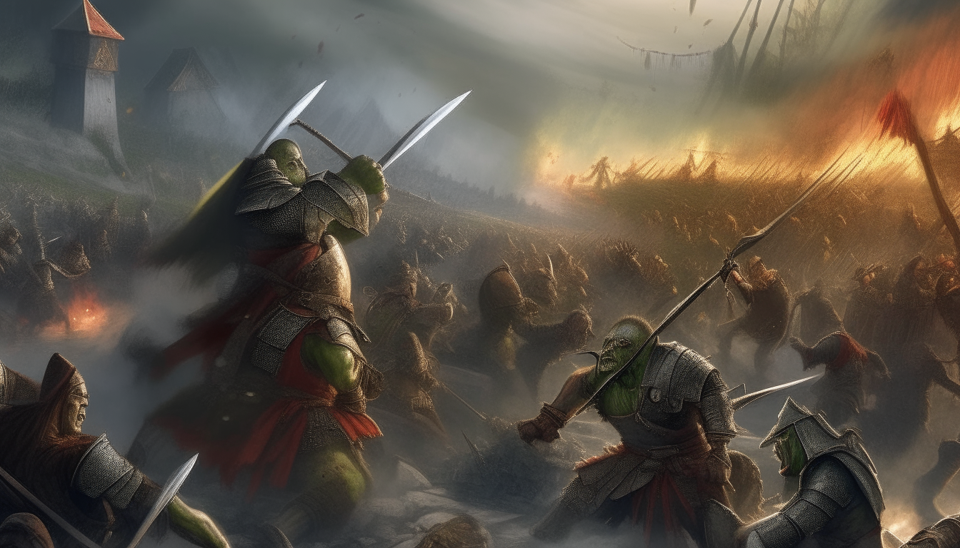 A fierce battle between an Orc army and medieval country people, dramatic lighting, highly detailed digital painting, 16:9 aspect ratio