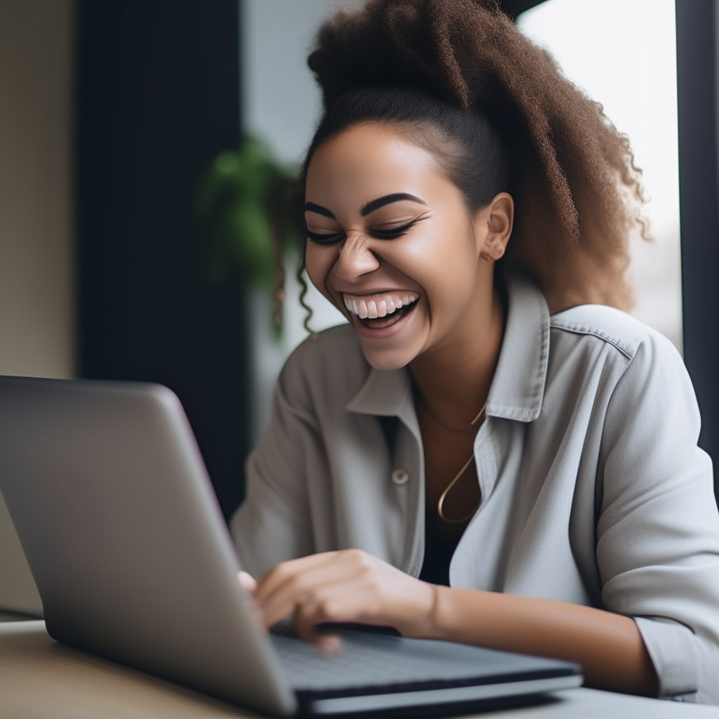 a happy young woman smiling as she looks at her new website on a laptop