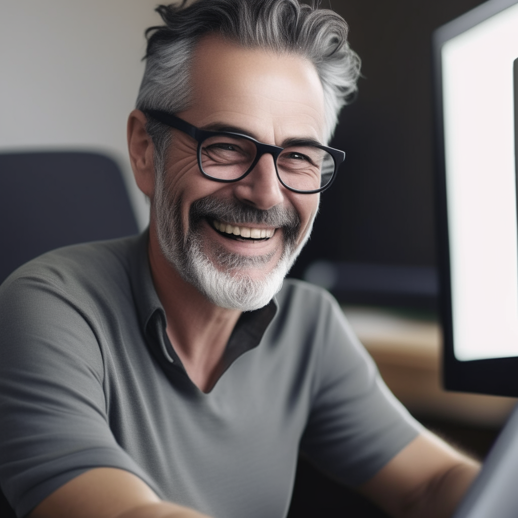 a middle aged man grinning as he views his new website on a computer monitor