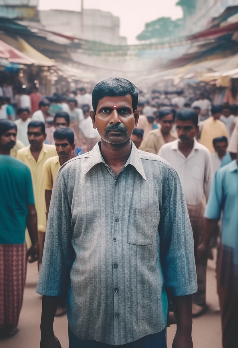 An Indian person standing in the middle of the frame in a busy marketplace. 