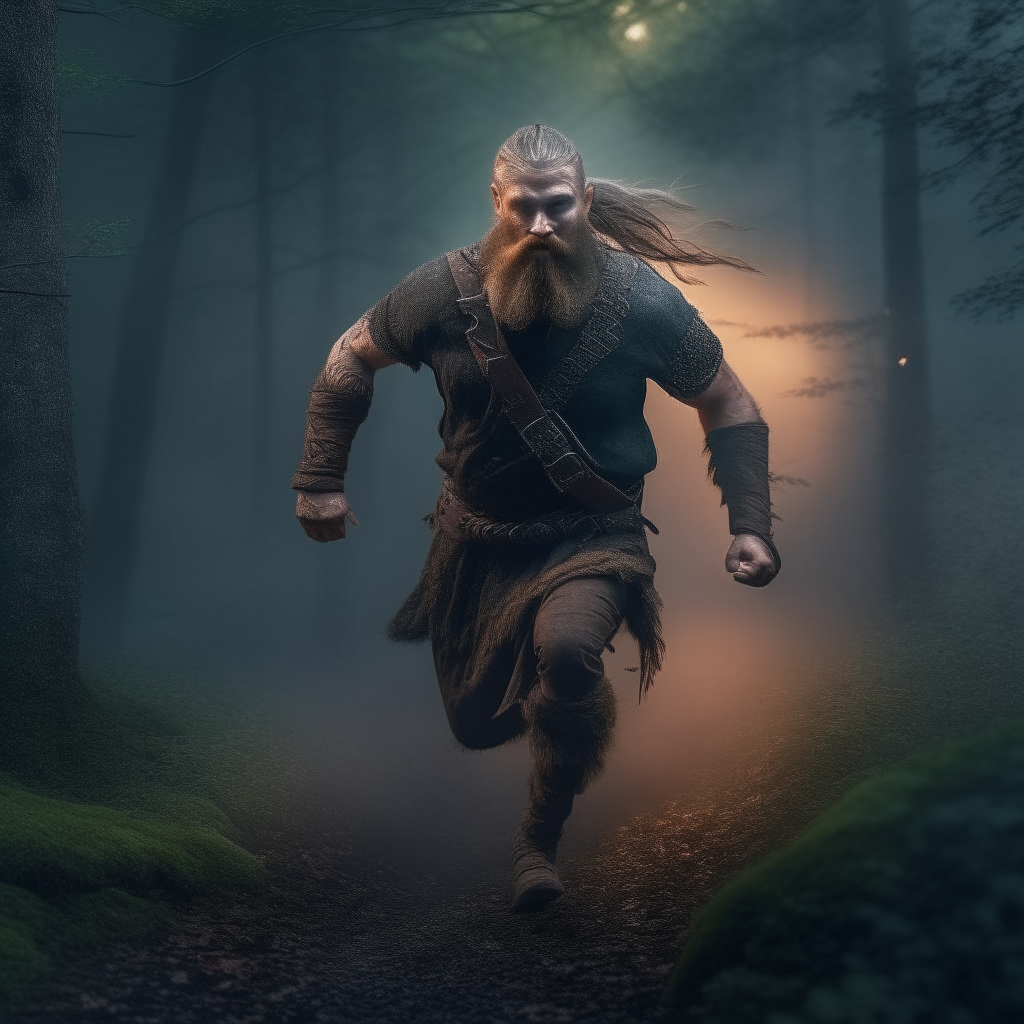 A bearded Viking warrior running through a dense forest at dusk, pursued by unseen enemies, captured in ultra-high resolution 8K HDR photography with depth of field