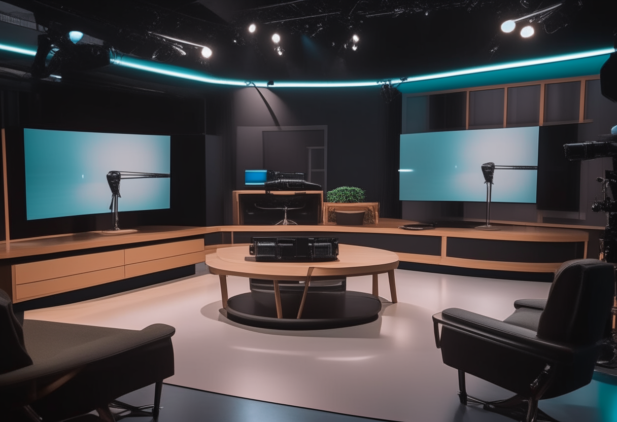 A TV news studio with a desk, chairs, monitors, cameras and lighting equipment A TV talk show studio with a couch, chairs, coffee table, monitors, cameras and lighting equipment