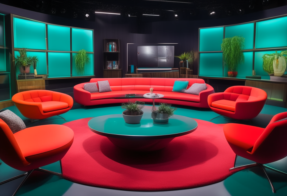 A colorful TV talk show studio with a vibrant red couch, funky chairs, glass coffee table and modern lighting equipment