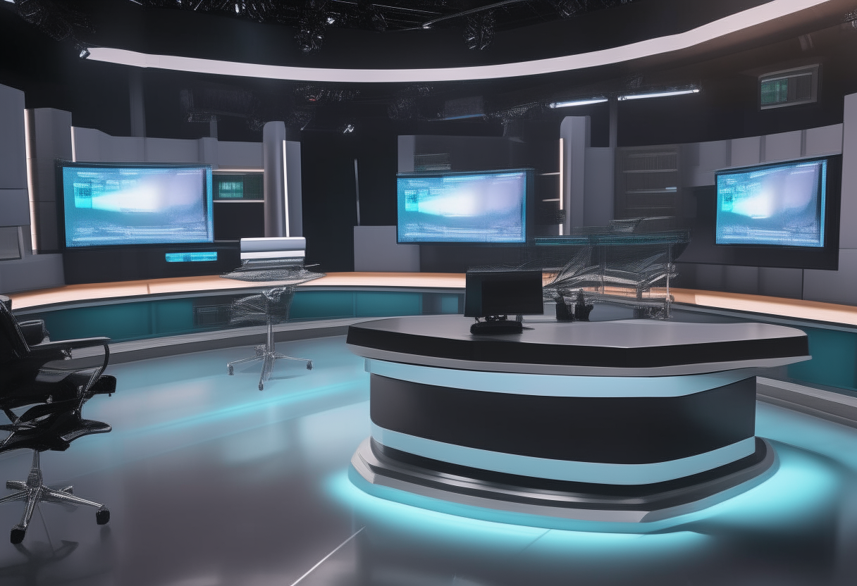 A professional TV news studio with a large desk, rolling chairs, 4K cameras, teleprompters and bright studio lighting