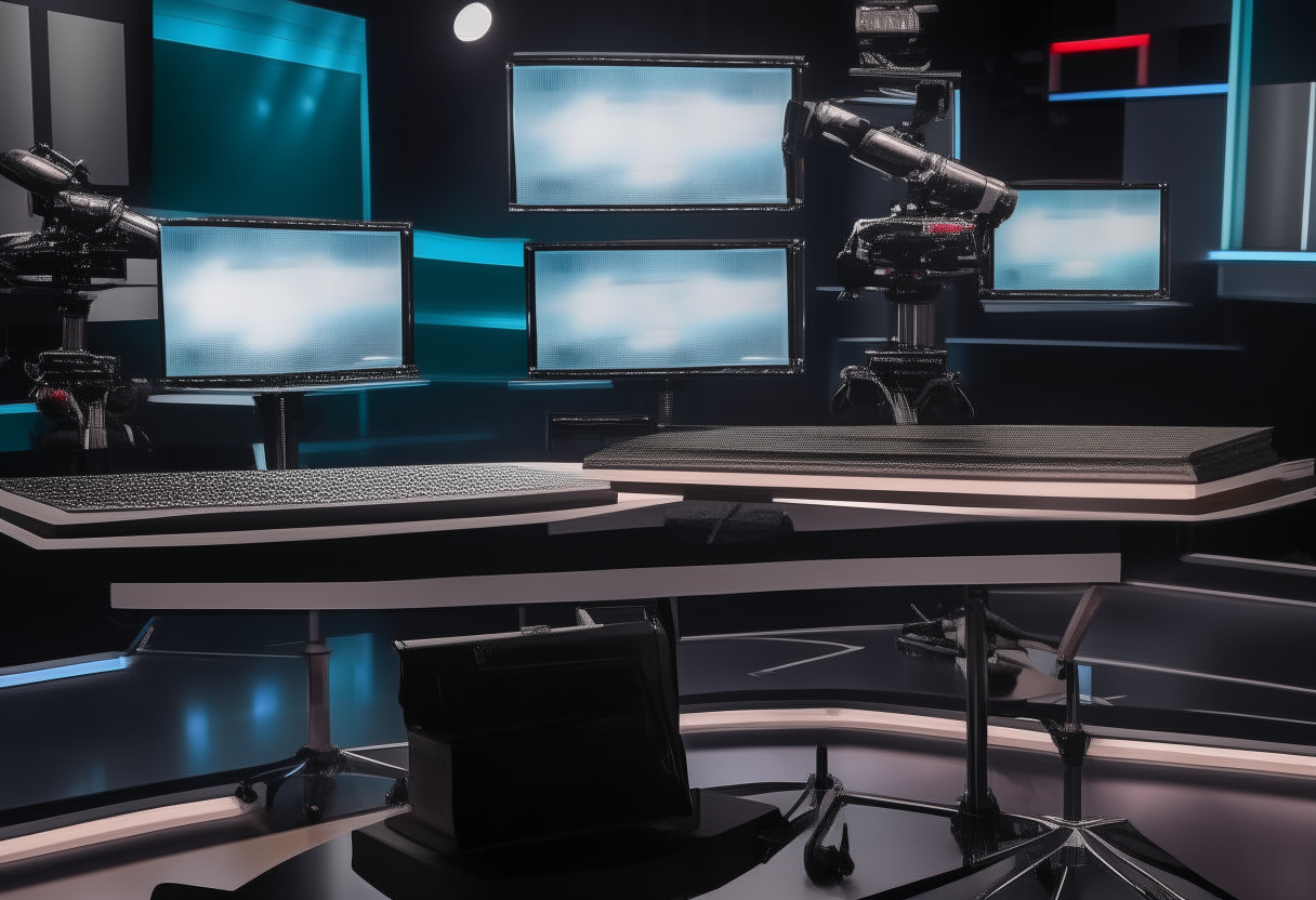 A close-up view of a TV news studio desk with rolling chairs, 4K cameras, teleprompters and bright studio lighting in focus