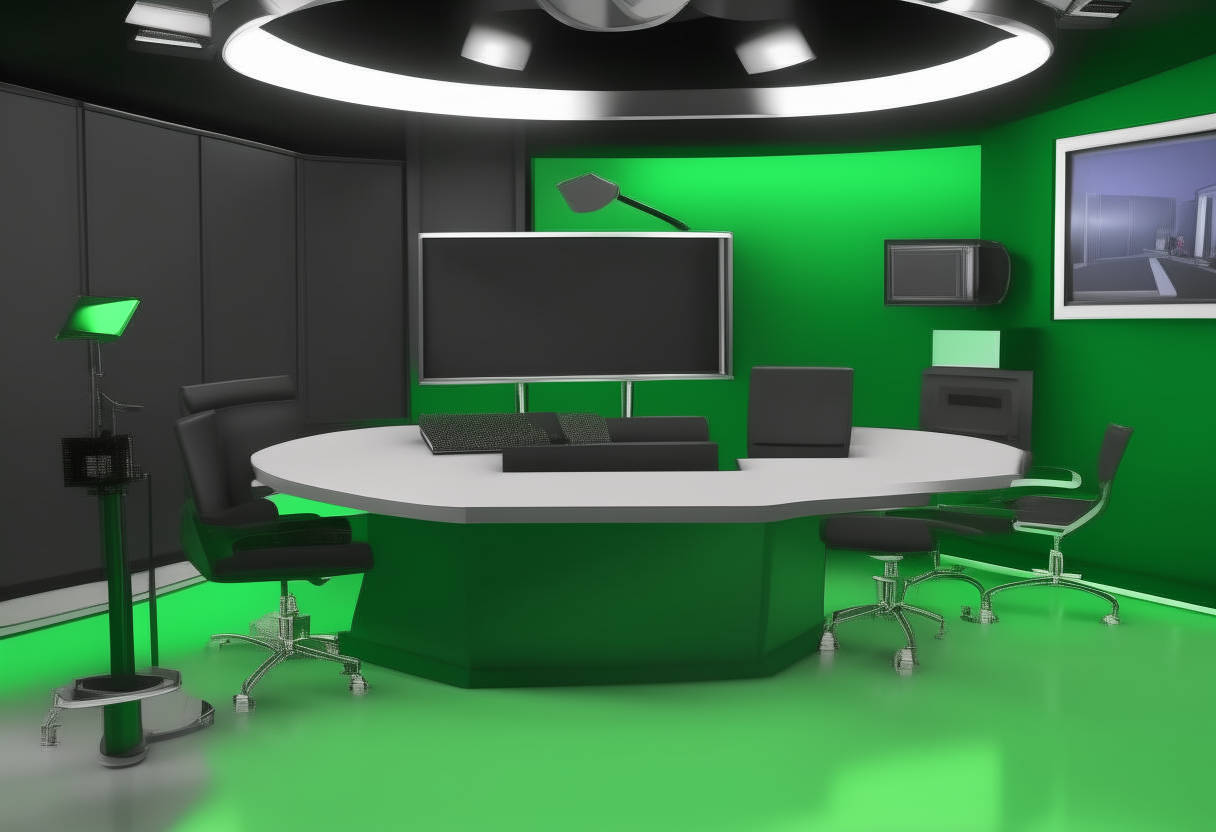 A 3D rendered office TV studio interior with a news desk, chairs, cameras, lighting equipment and green screen