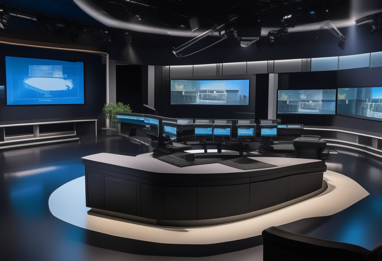 A large professional TV studio with multiple cameras, spotlights, monitors and a news desk