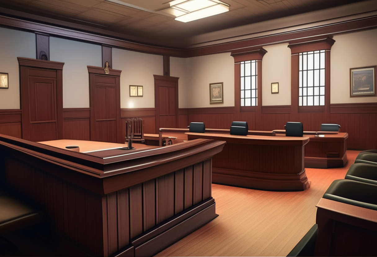 A TV courtroom set with judge's bench, witness stand, jury box, tables and realistic lighting