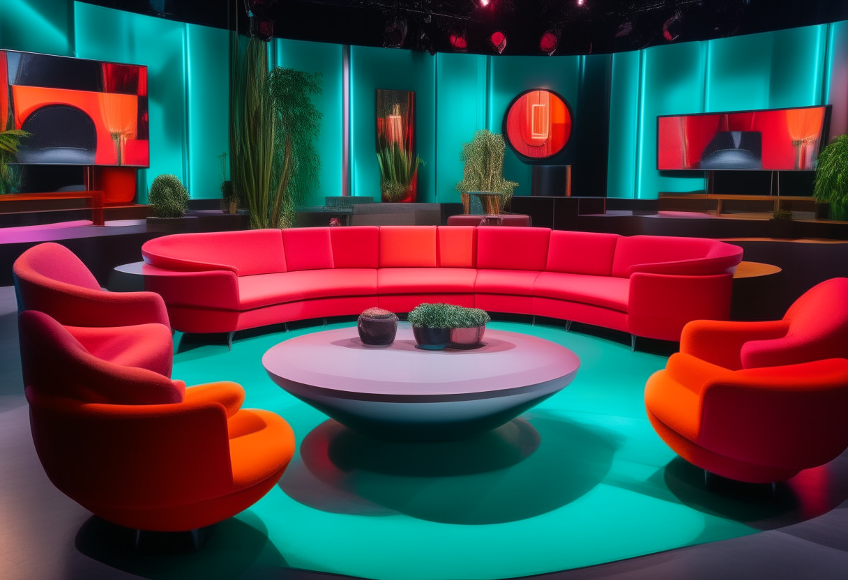A colorful modern TV talk show set with a bright red couch, funky chairs, glass coffee table and vibrant lighting