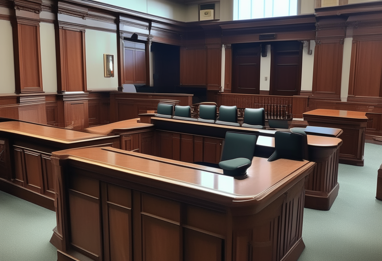 A TV courtroom set from the judge's perspective showing the judge's bench, witness stand, jury box and tables