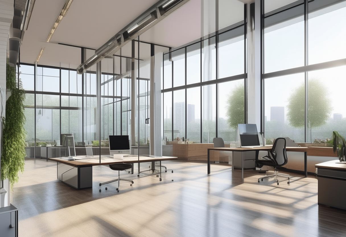 a modern open concept office with glass walls and bright natural lighting