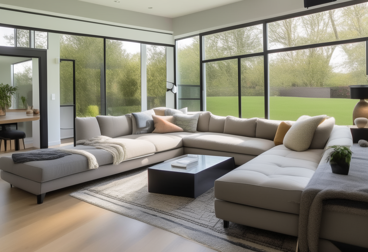 a spacious open concept living room with a sectional couch, glass coffee table, area rug, and large windows overlooking a backyard