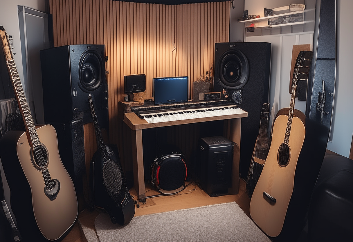 a home music studio with acoustic panel walls, a keyboard, guitar, drum set, mic, and audio interface
