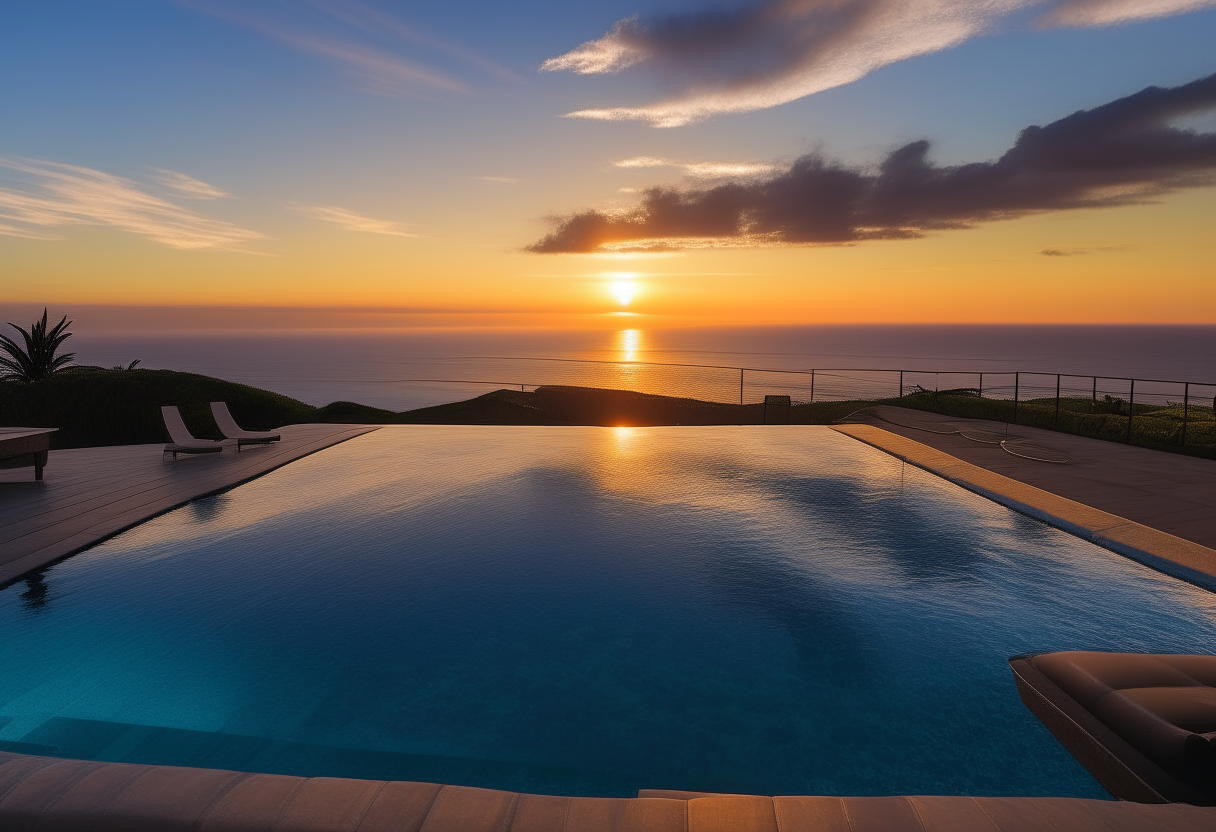 an outdoor infinity swimming pool with lounge chairs overlooking the ocean at sunset