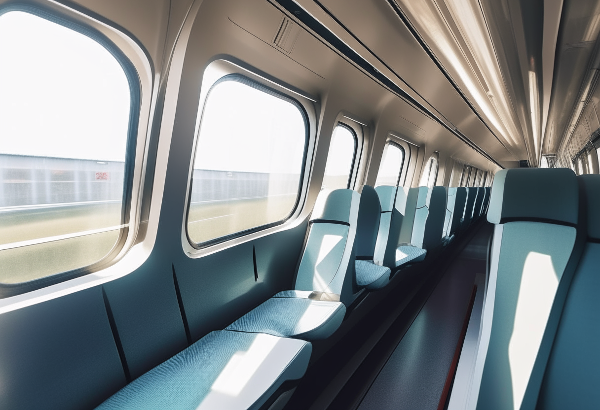 the interior of a high speed bullet train with rows of seats and large windows