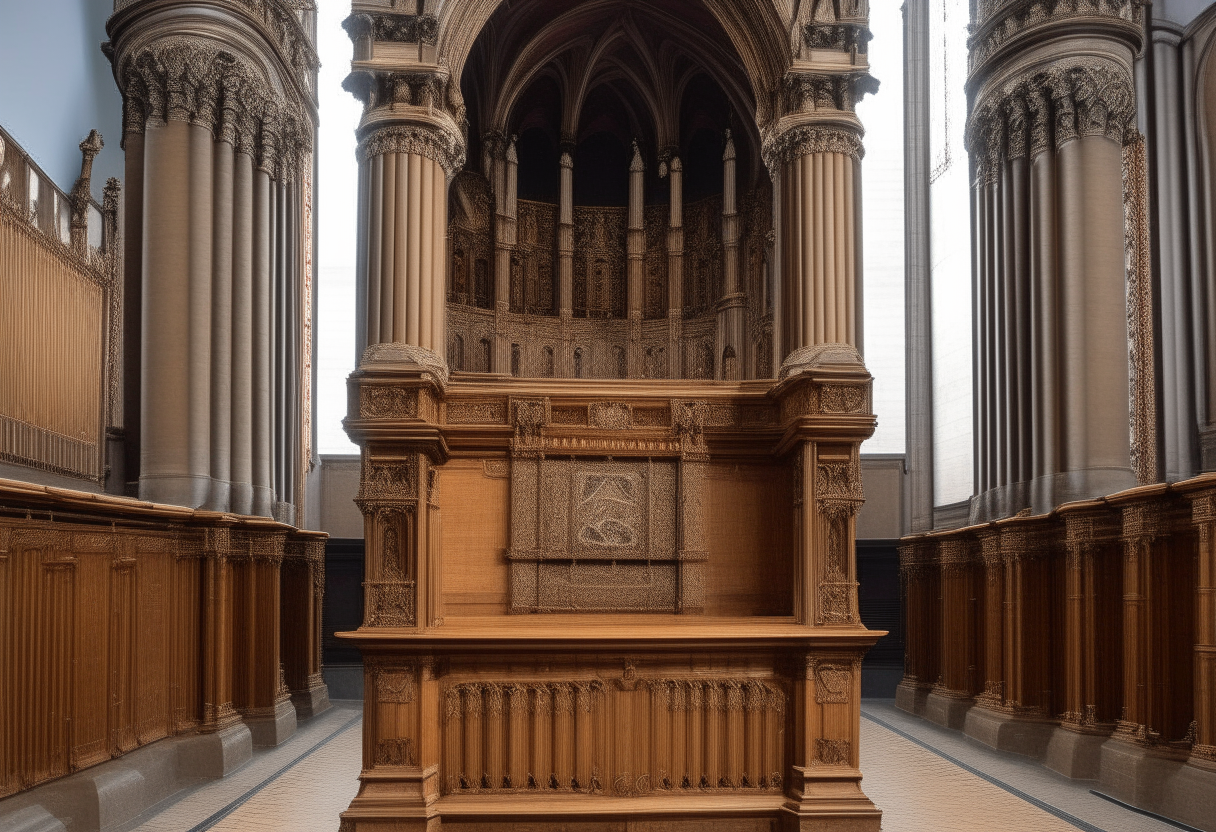 an ornate wooden pulpit with intricate carvings, set on a stage in front of rows of empty pews in a large cathedral