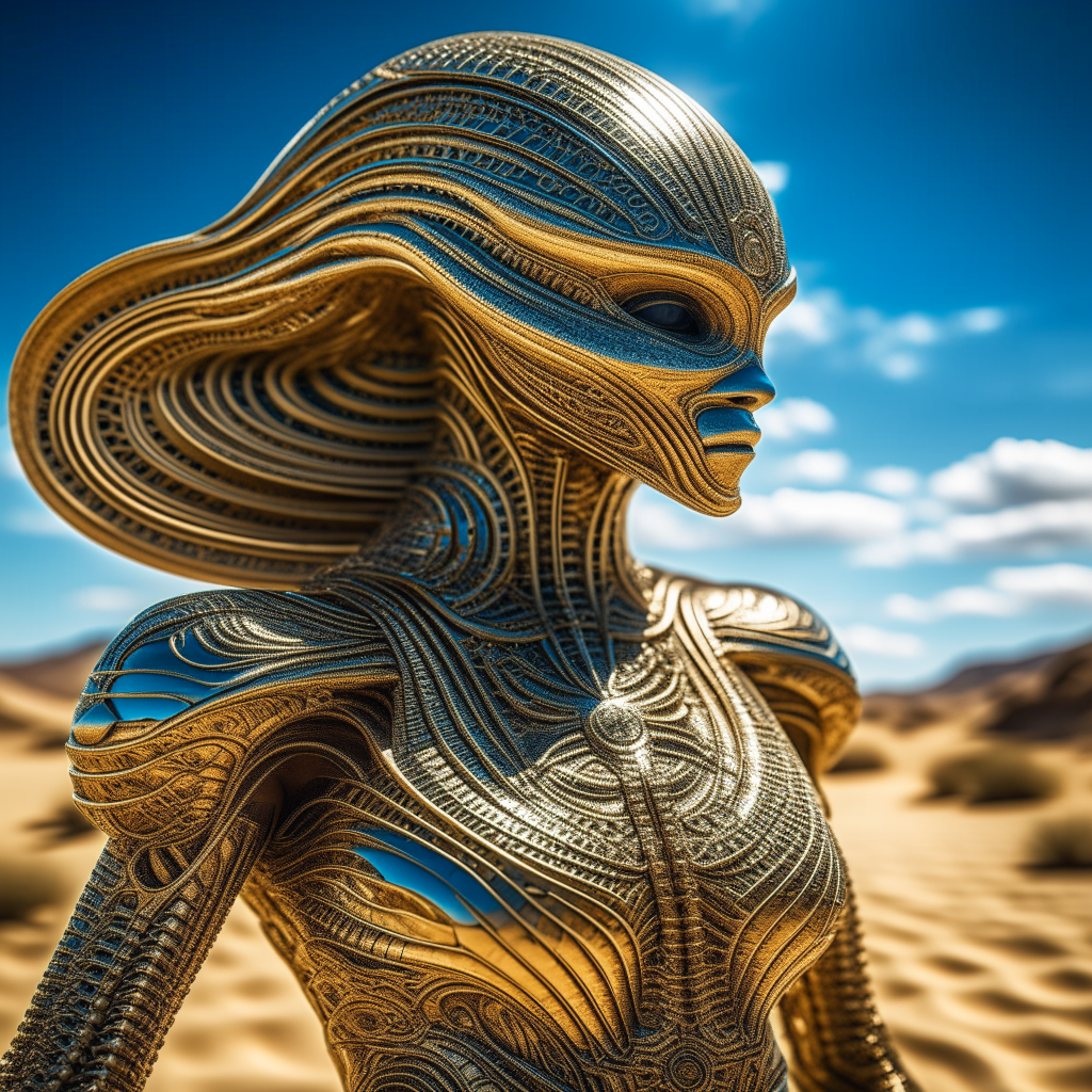 alien creature in desert art hd, in the style of futuristic glamour, dark beige and gold, low depth of field, solarpunk, surrealistic poses, expansive skies, captivating::, an alien woman walking in the desert, in the style of elaborate spacecrafts, highly detailed figures, depth of field, craola, light bronze and gold, , realistic figures:: --v 5.2