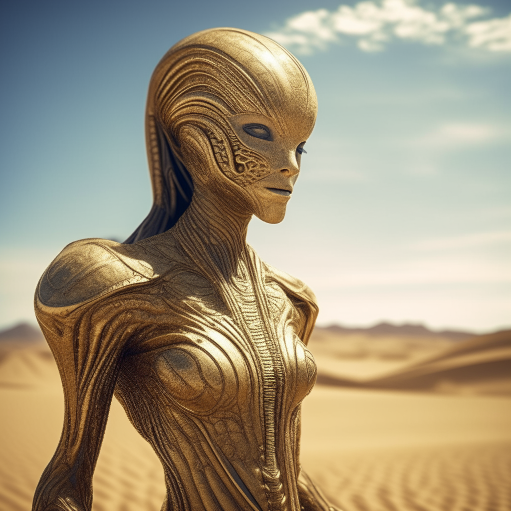 alien creature in desert art hd, in the style of futuristic glamour, dark beige and gold, low depth of field, solarpunk, surrealistic poses, expansive skies, captivating::, an alien woman walking in the desert, in the style of elaborate spacecrafts, highly detailed figures, depth of field, craola, light bronze and gold, , realistic figures:: --v 5.2