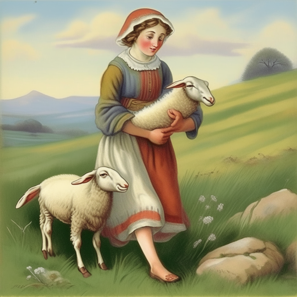 Mary with a little lamb by her side in a meadow little lamb follows Mary to school one day