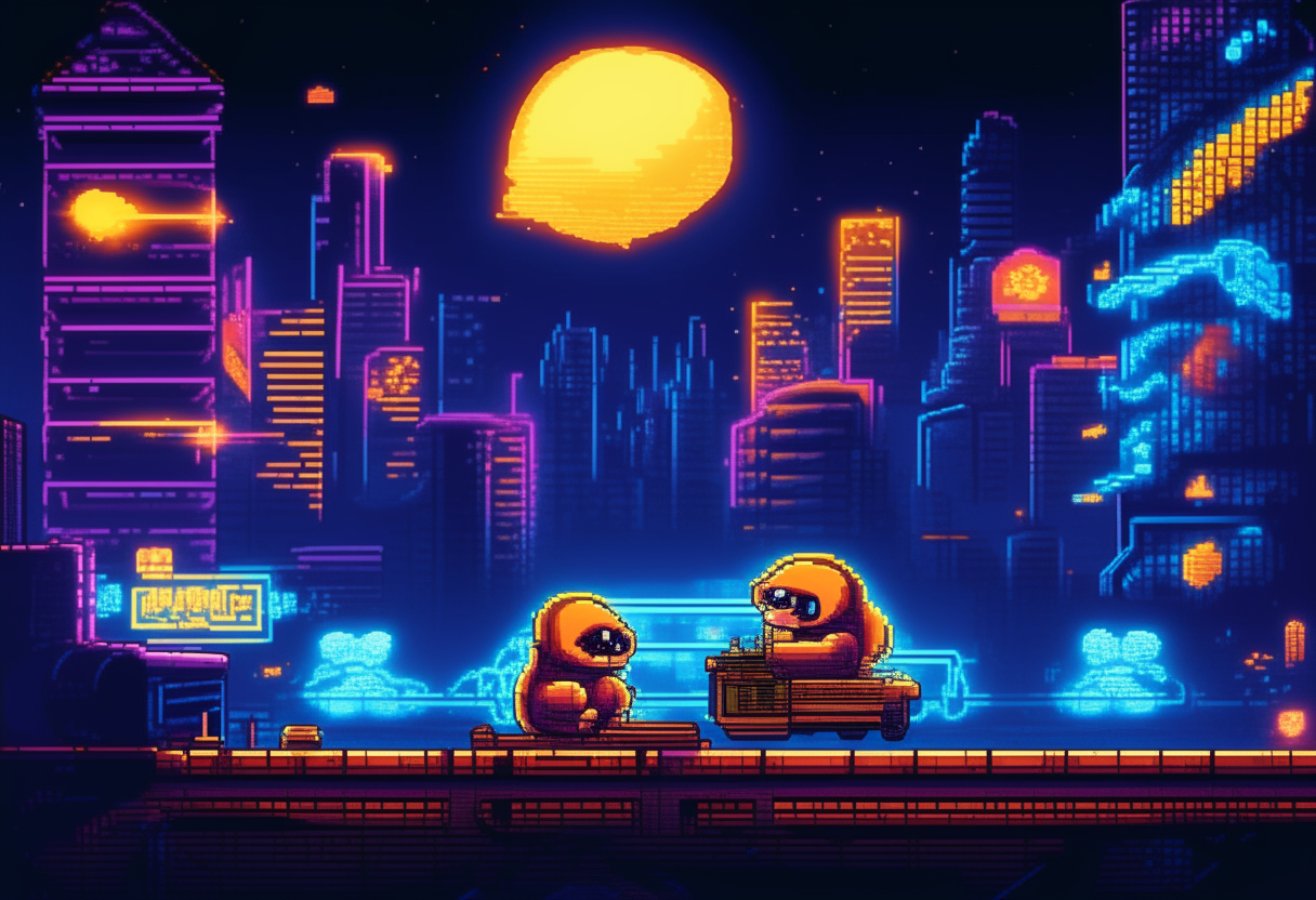 Pac-Man and Donkey Kong racing through a neon-lit city at night, each driving a retro convertible, pixel art style