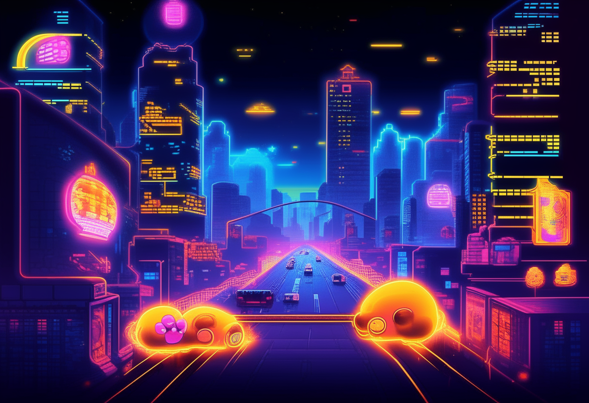 Pac-Man and Donkey Kong racing cars through a neon-lit city at night, each surrounded by a glowing aura, pixel art style