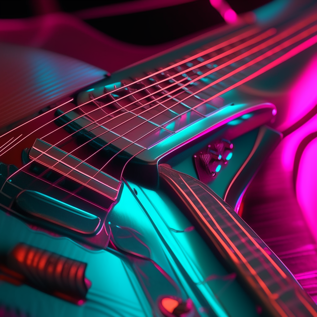 A close-up of pulsating guitar strings, with each string glowing a different synthwave color
