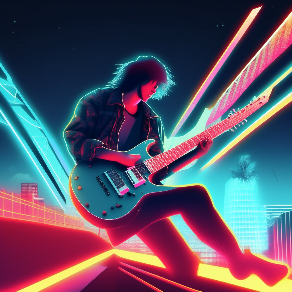 A guitarist shredding on an overpass at night, surrounded by glowing geometric shapes against a neon city backdrop, 80s style