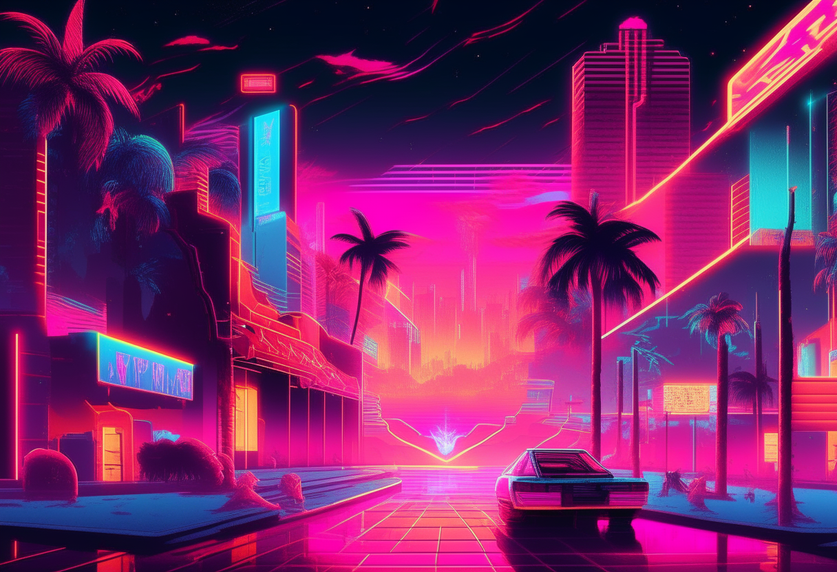 80s-inspired image featuring a fusion of retro gaming and musical nostalgia. In the vibrant Outrun-style cityscape, a pixelated face reminiscent of classic arcade characters emerges, melding seamlessly with the contours of an electric guitar. Neon lights pulse against the night sky, casting a surreal glow over the scene. Pixelated palm trees and glowing billboards frame the composition, evoking memories of the golden age of arcade gaming. Set to the pulsating beats of synthwave music, the atmosphere crackles with energy, transporting viewers back to a time when gaming and music ruled the cultural landscape, where endless possibilities awaited around every corner.