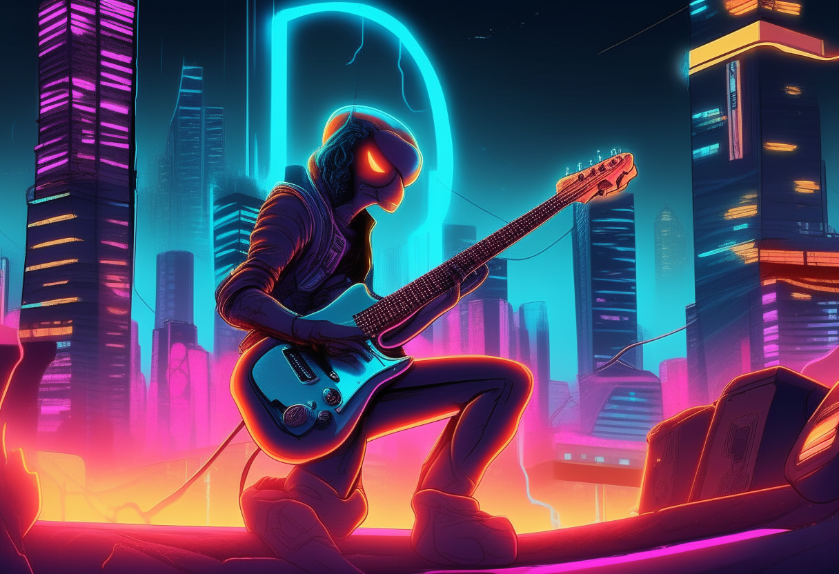 A cyclope playing an electronic guitar amidst a retrofuturistic cityscape at night. Neon lights glow against the dark sky as the cyclope rocks out.