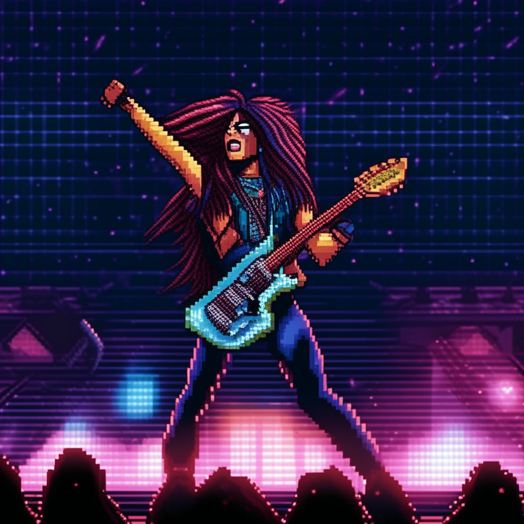 A glam rock guitarist performing on stage in an 8-bit pixelated art style. The guitarist has long hair, wears makeup and flashy clothing. Pixelated lights and a cheering crowd are visible in the background.