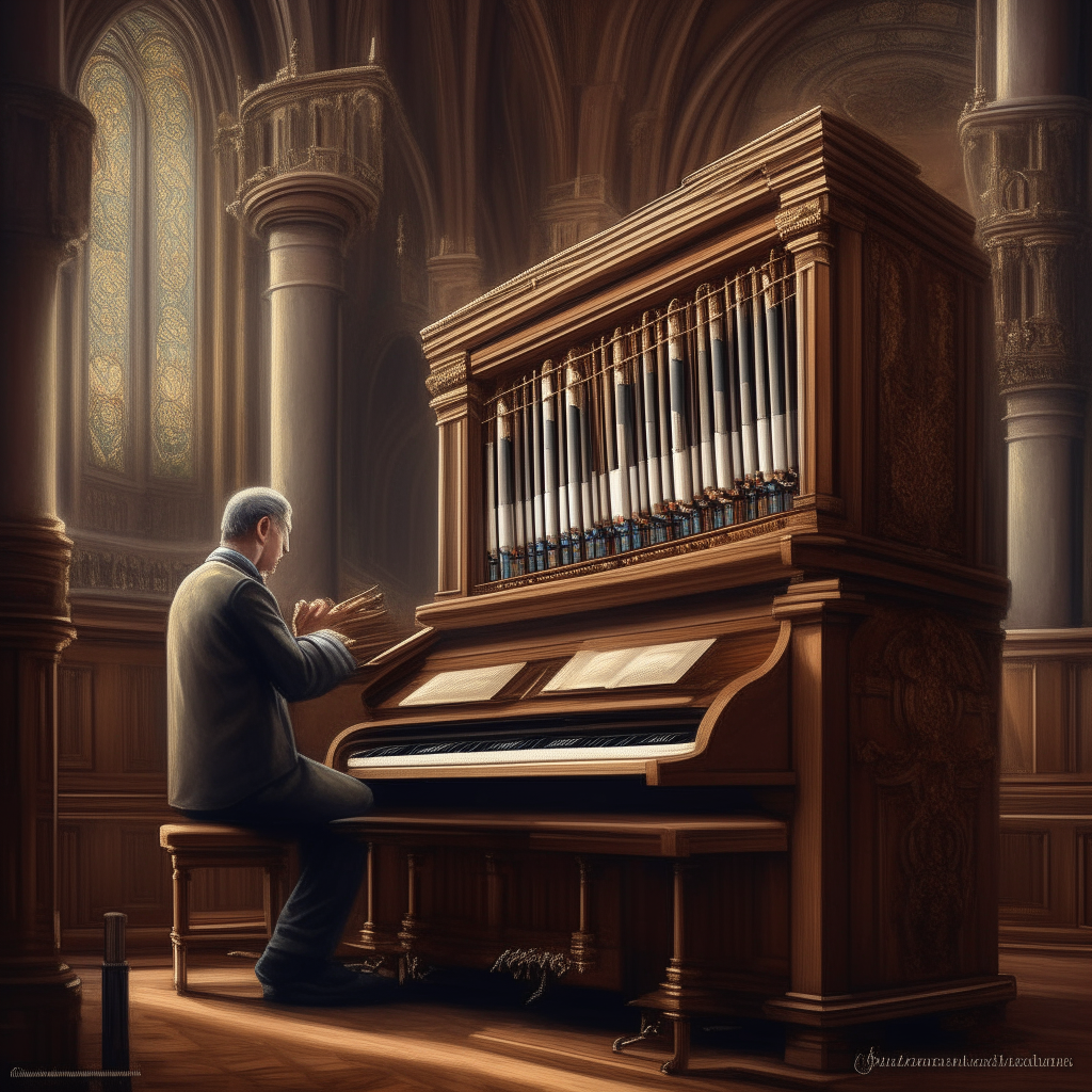 a composer playing a large, antique pipe organ, highly detailed digital painting, photorealistic