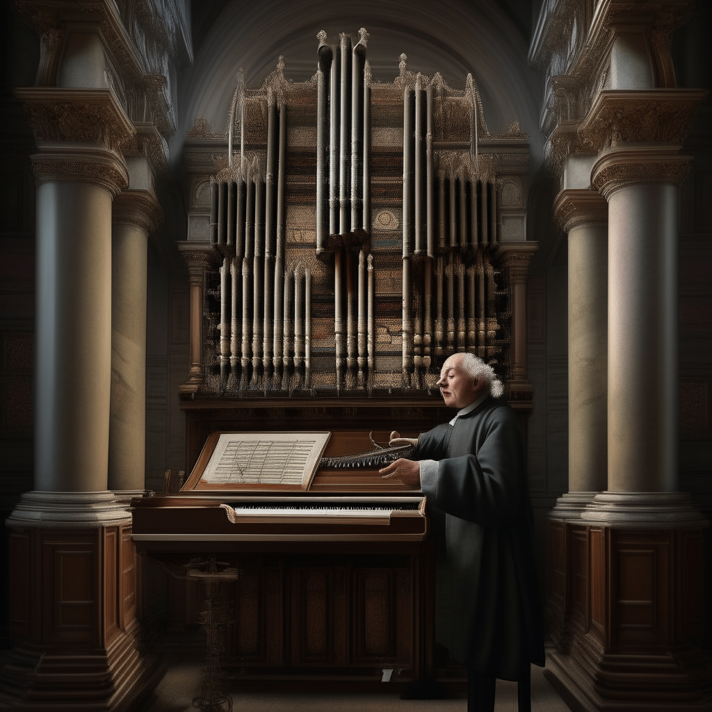 photorealistic image of Johann Sebastian Bach playing a large baroque pipe organ, square aspect ratio