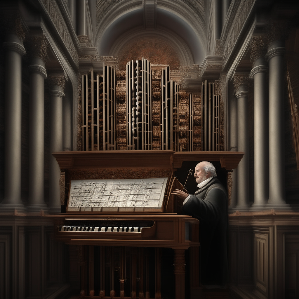 photorealistic image of Johann Sebastian Bach playing a large baroque pipe organ, square aspect ratio, 1024 by 1024 pixels