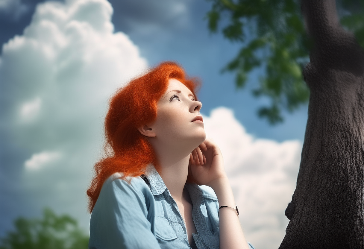 a young girl with red hair daydreaming while sitting against a tree and looking up at the clouds on a sunny day