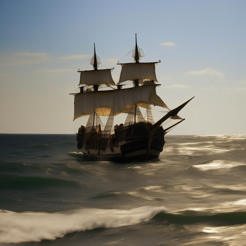 galeon Santisima Trinidad sailing the ocean in the middle of a summer afternoon, following the coast where you can see a young woman with long hair, wearing a short dress of fine, almost transparent fabrics walking alone on the beach.