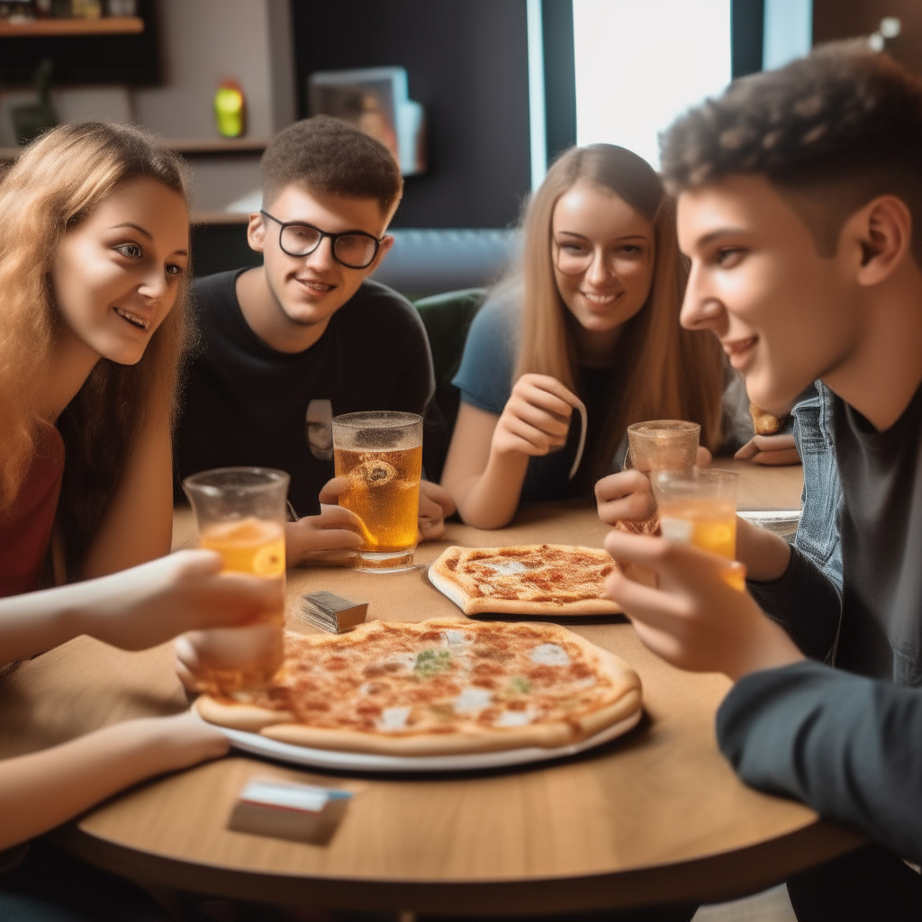 A group of friends eating pizza and drinking soda at a restaurant. Coins and bills on the table representing the cost.