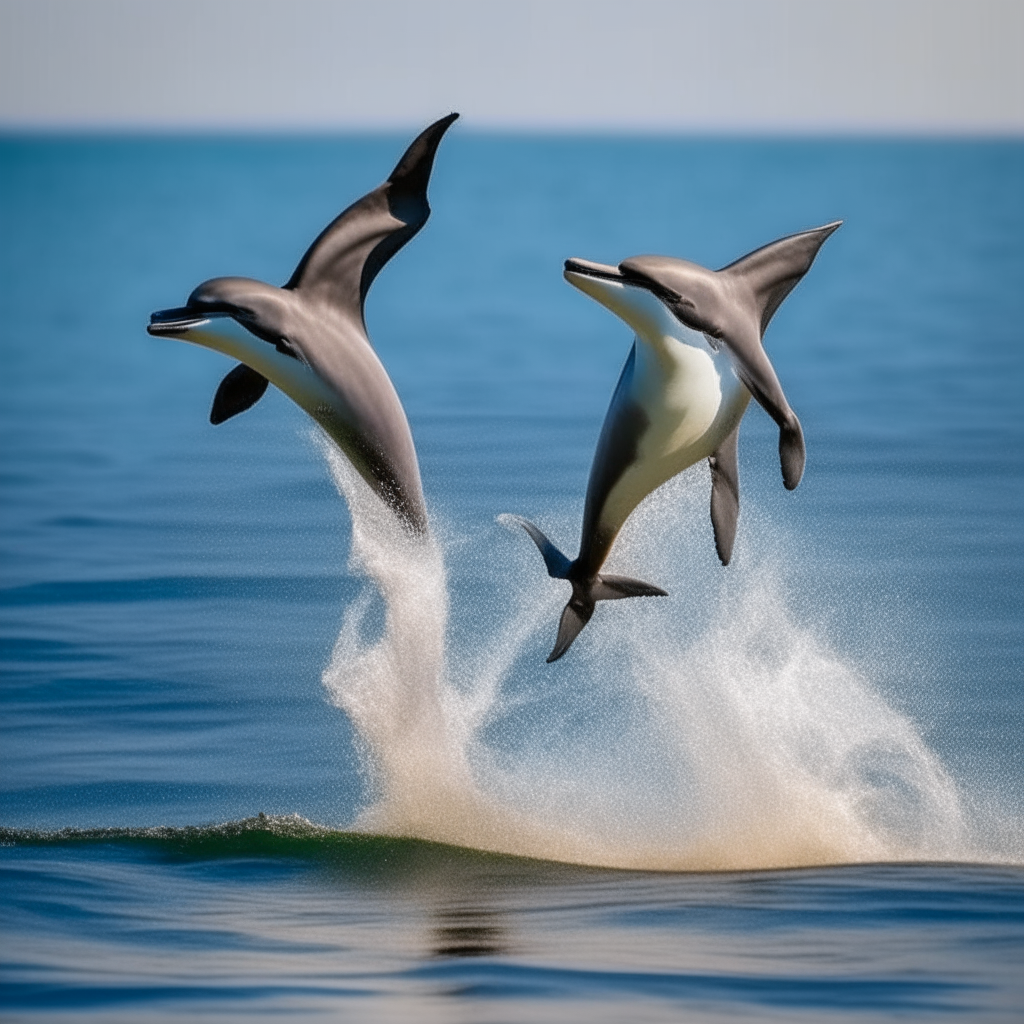 Two dolphins jump out of the water  Two seagulls circle above them