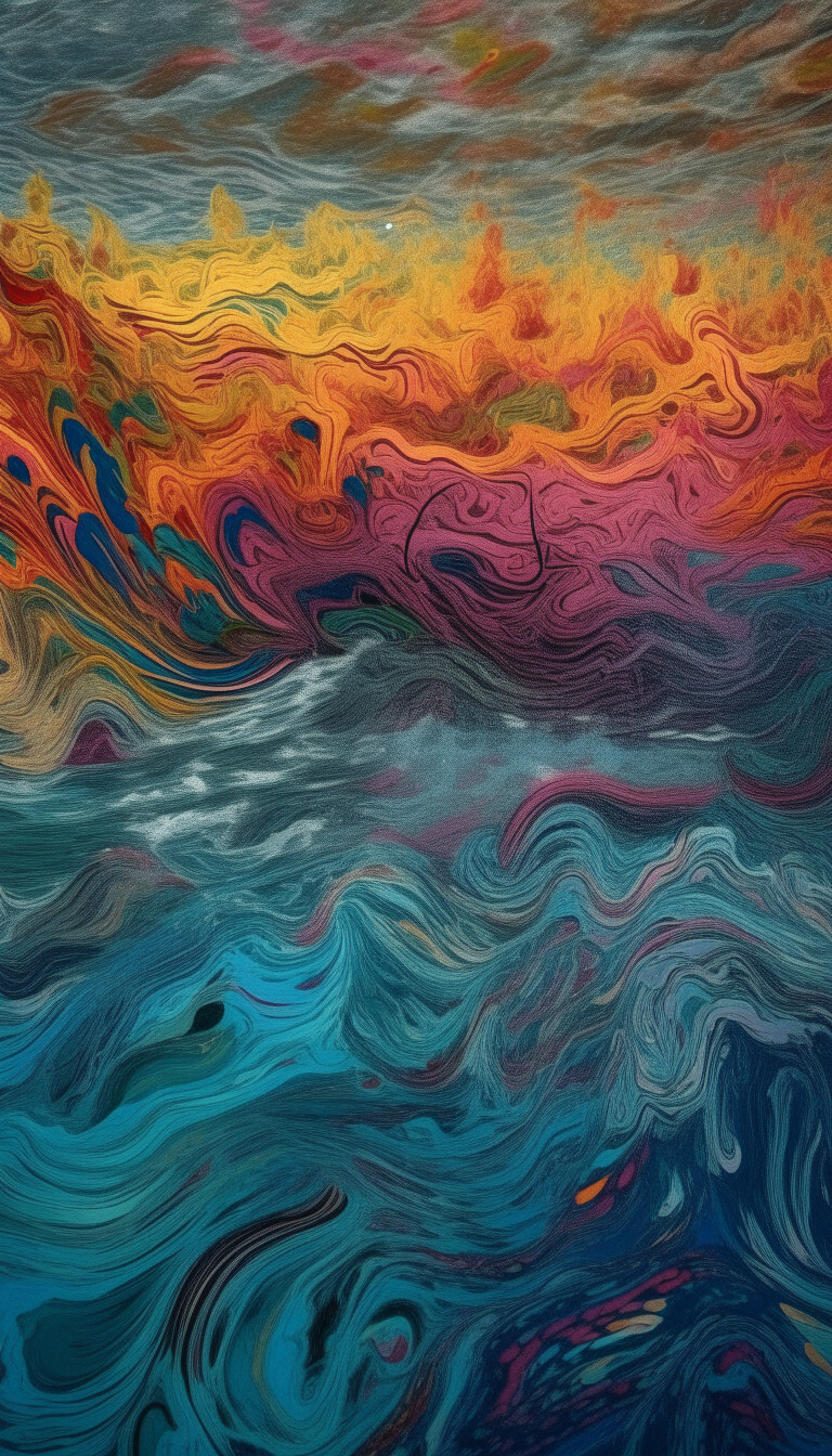 A mesmerizing rainstorm infuses a body of water with Vitamin B12, its vibrant colors dancing across the surface in delicate swirls and patterns.